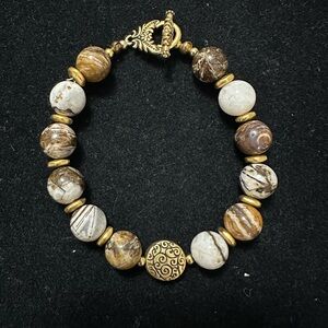 Elegant Brioche Agate & Brass Beaded Bracelet with Toggle Clasp 8 inches